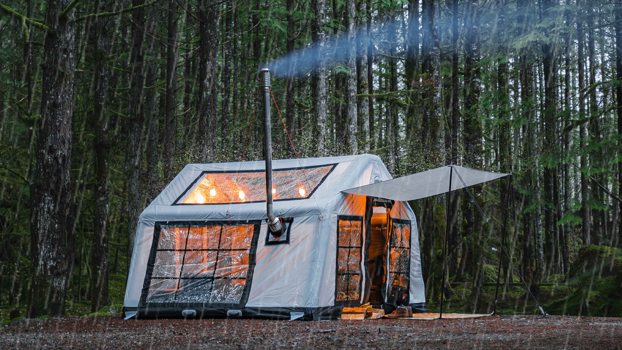 Ep. 17: Cozy Winter Camping in the Rain with Inflatable Tent and Wood Stove